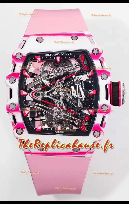 Richard Mille RM38-02 Carbone blanc/rose Bubba Watson Mouvement tourbillon en caoutchouc rose Réplique miroir 1:1
