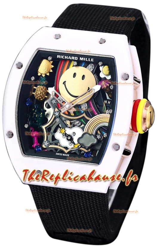 Richard Mille RM088 Smiley Tourbillon Boîtier céramique blanc Bracelet nylon noir Réplique Montre
