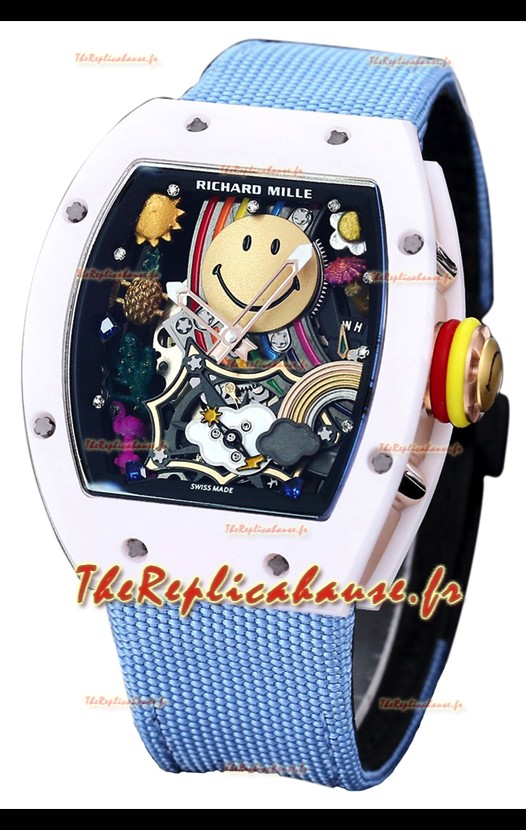 Richard Mille RM088 Smiley Tourbillon Boîtier Céramique Blanc Bracelet Nylon Bleu Réplique Montre 