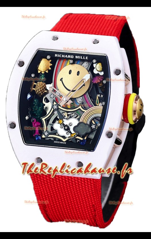 Richard Mille RM088 Smiley Tourbillon Boîtier Céramique Blanc Bracelet Nylon Rouge Réplique 