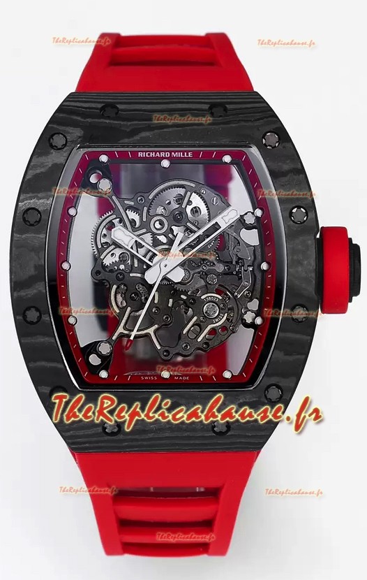 Montre Richard Mille RM055 Boîtier carbone noir Caoutchouc rouge 1:1 Superclone Tourbillon Authentique