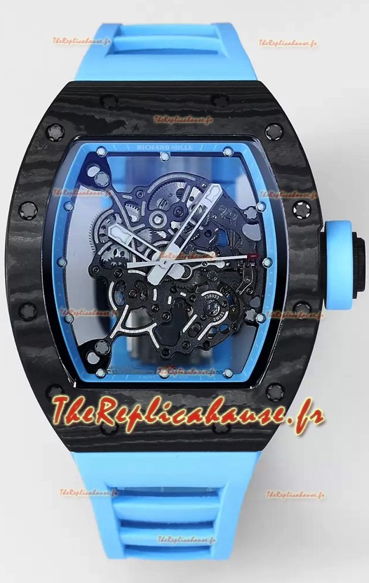 Montre Richard Mille RM055 Boîtier Carbone Noir Caoutchouc Bleu 1:1 Superclone Tourbillon Authentique 