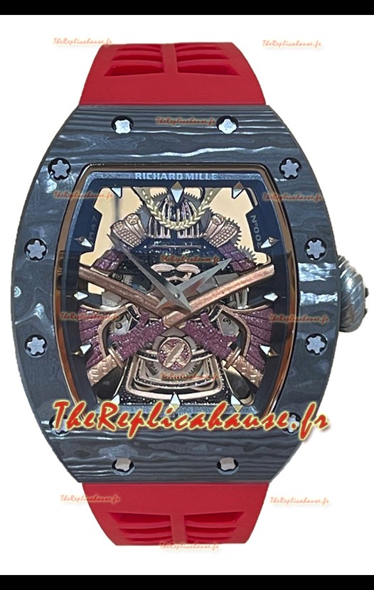Richard Mille RM047 Samurai Genuine Tourbillon Watch in Carbon Casing Red Strap