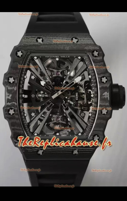 Richard Mille RM12-01 Boîtier en fibre de carbone Mouvement Tourbillon Véritable Montre Réplique 1:1