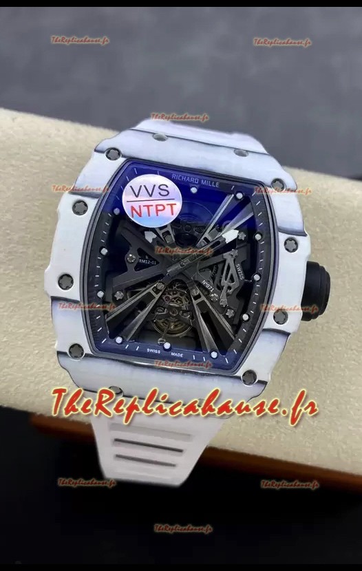 Richard Mille RM12-01 Montre réplique 1:1 à mouvement tourbillon authentique avec boîtier en fibre de carbone blanc