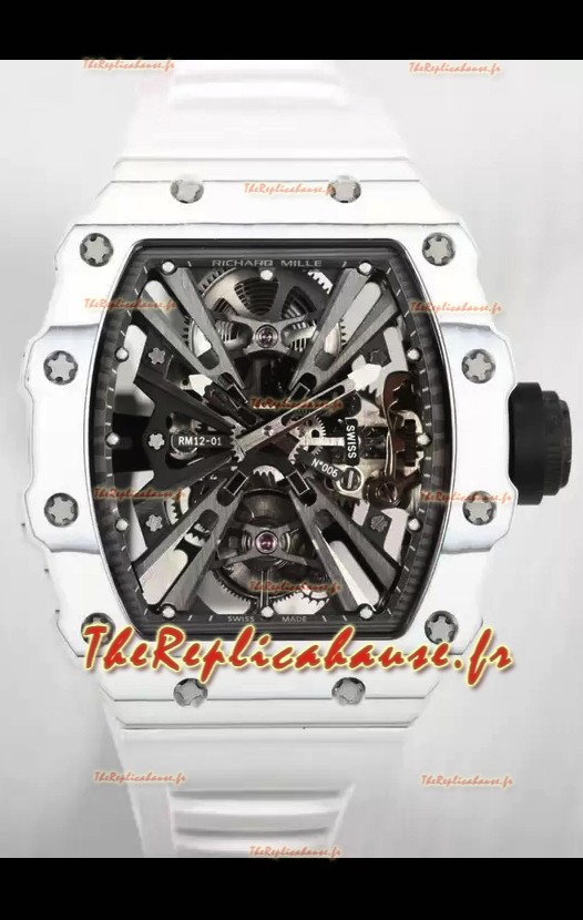Richard Mille RM12-01 Montre réplique 1:1 à mouvement tourbillon authentique avec boîtier en fibre de carbone blanc