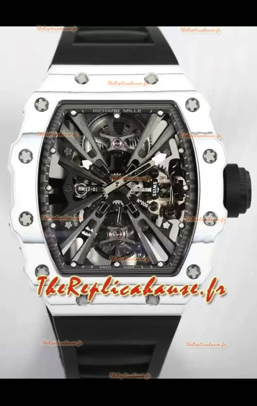 Richard Mille RM12-01 Montre réplique 1:1 du mouvement tourbillon authentique avec boîtier en fibre de carbone blanc