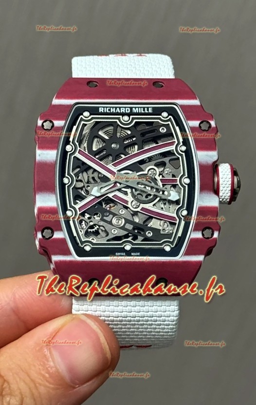 Montre Richard Mille Super Clone RM67-02 Mutaz Barshim en carbone TPT rouge 37 grammes avec bracelet blanc