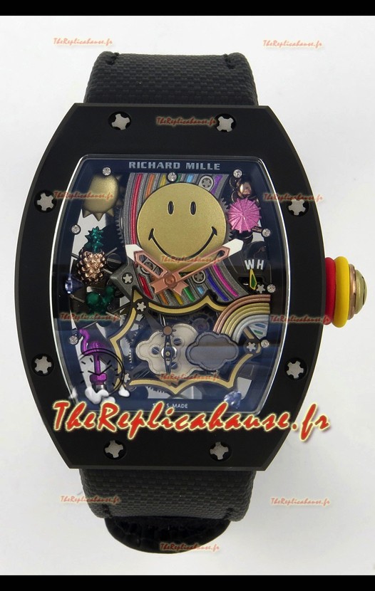 Montre Richard Mille Super Clone RM088 Smiley Tourbillon en céramique noire avec bracelet velcro
