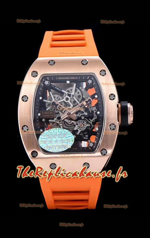 Richard Mille RM035 AMERICAS Montre réplique en or rose 18 carats avec bracelet orange
