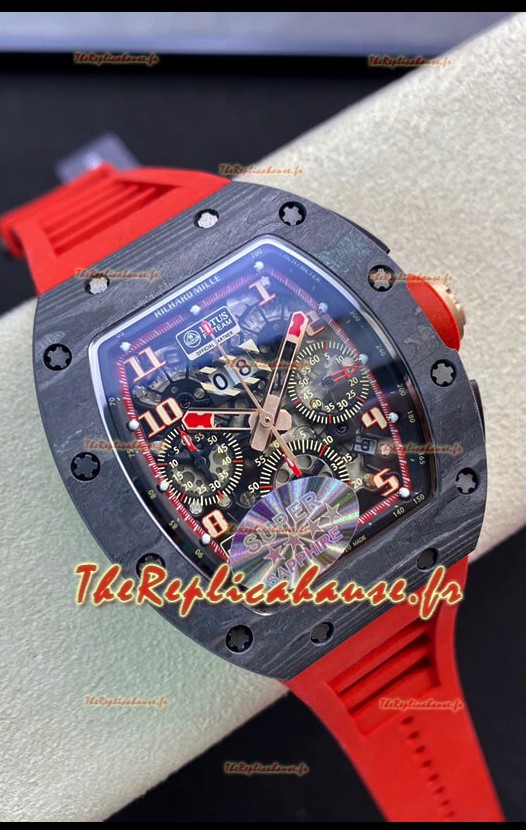 Richard Mille RM011 Felipe Massa Miroir 1:1 Boîtier en carbone forgé noir Bracelet rouge