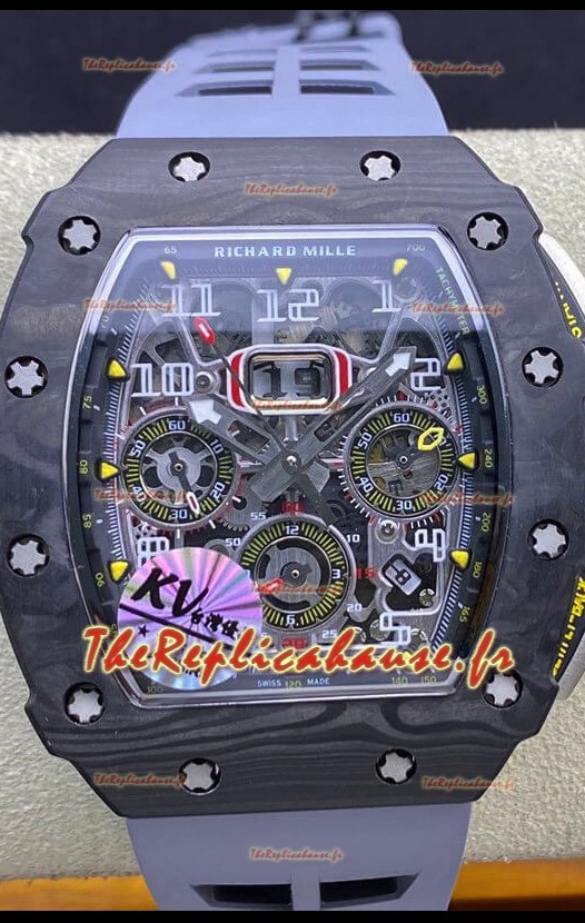 Richard Mille RM011 Felipe Massa Miroir 1:1 Boîtier en carbone forgé noir Bracelet gris