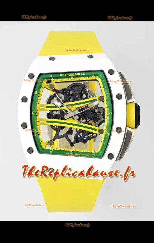 Richard Mille Super Clone RM61-01 Céramique blanche Bracelet jaune Montre Suisse Réplique