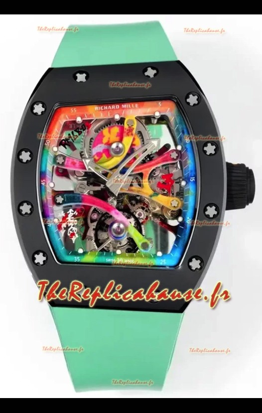 Richard Mille Super Clone RM68-01 Tourbillon Suisse Boîtier Céramique Noire et Bracelet Vert Réplique