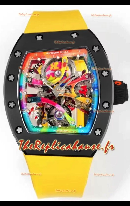 Richard Mille Super Clone RM68-01 Tourbillon Suisse - Boîtier Céramique Noire - Bracelet Jaune Réplique
