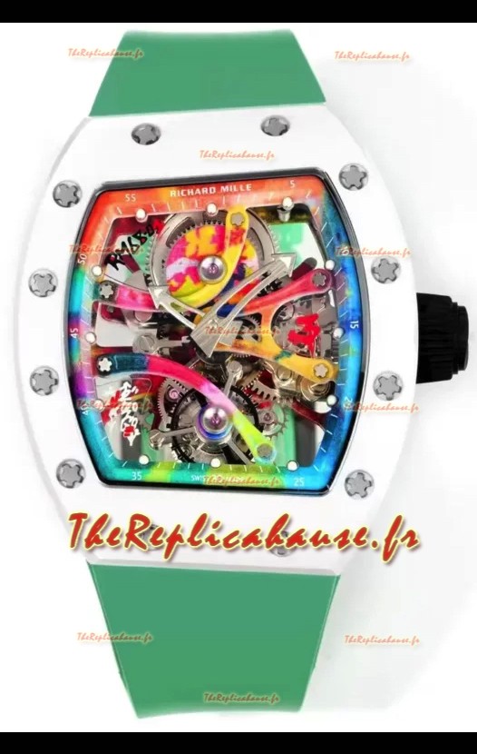 Richard Mille Super Clone RM68-01 Tourbillon Suisse - Boîtier céramique blanche - Bracelet vert Réplique