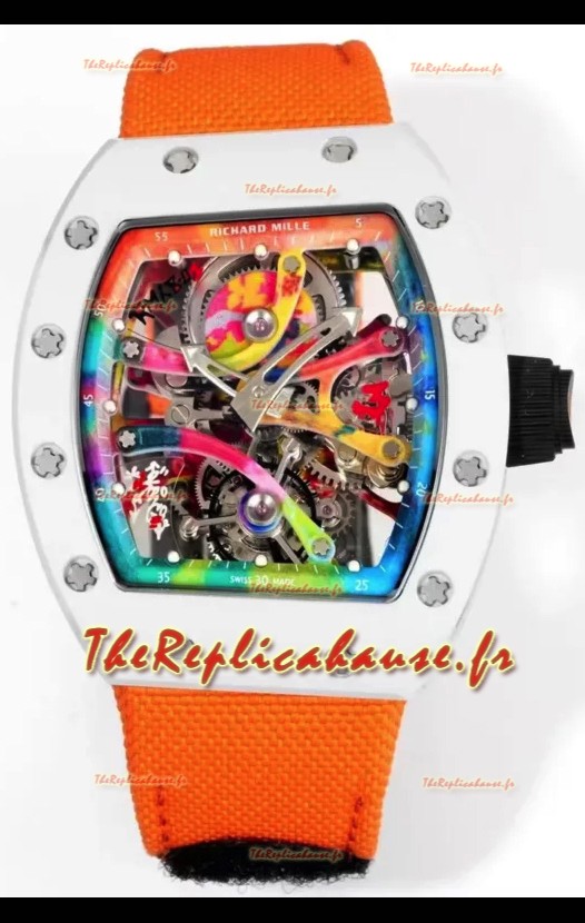 Richard Mille Super Clone RM68-01 Tourbillon Suisse avec boîtier en céramique blanche et bracelet en nylon Réplique