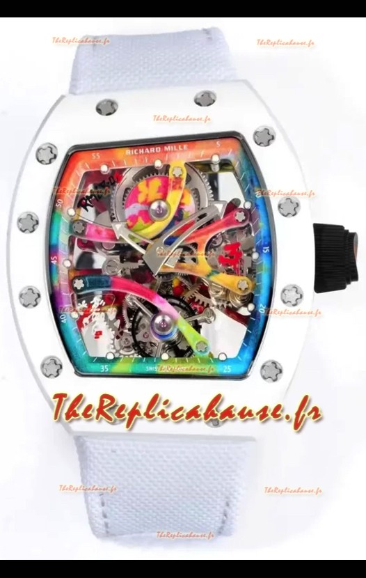 Richard Mille Super Clone RM68-01 Tourbillon Suisse avec boîtier en céramique blanche et bracelet en nylon Réplique