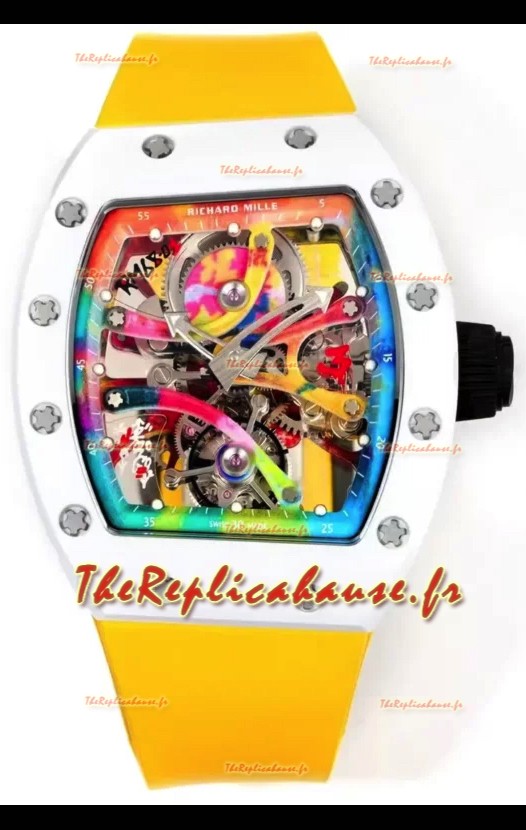 Richard Mille Super Clone RM68-01 Boîtier Céramique Blanche Tourbillon Bracelet Jaune Réplique Suisse