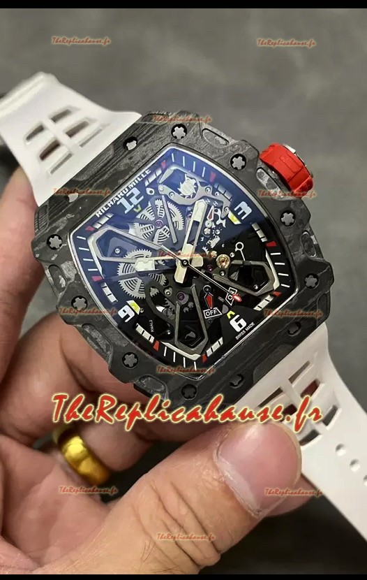 Richard Mille RM35-03 Rafael Nadal Edition - Montre réplique 1:1 avec boîtier en fibre de carbone noir et bracelet blanc