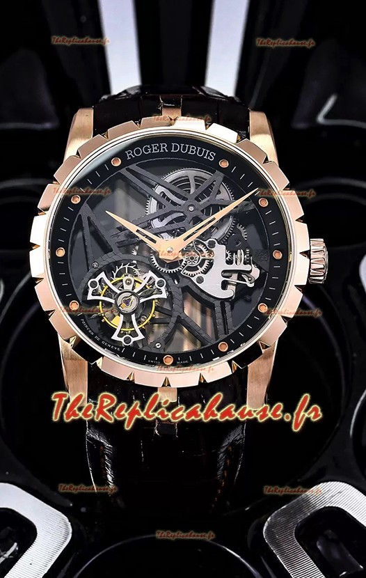Roger Dubuis Excalibur Spider Flying Tourbillon Skeleton Boîtier Or Rose 42MM Montre Suisse Miroir 1:1