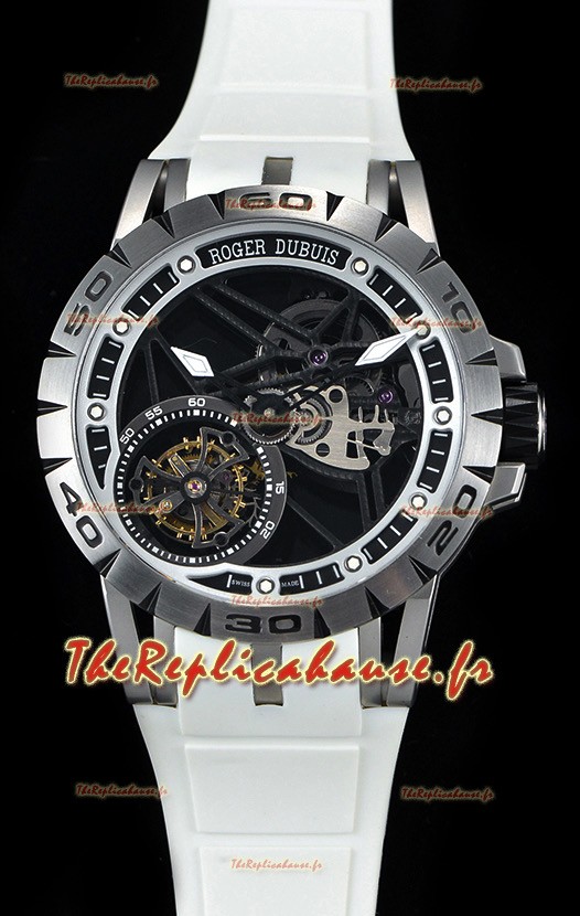 Roger Dubuis Excalibur Tourbillon volant araignée Squelette Boîtier en titane 1:1 Miroir Montre suisse