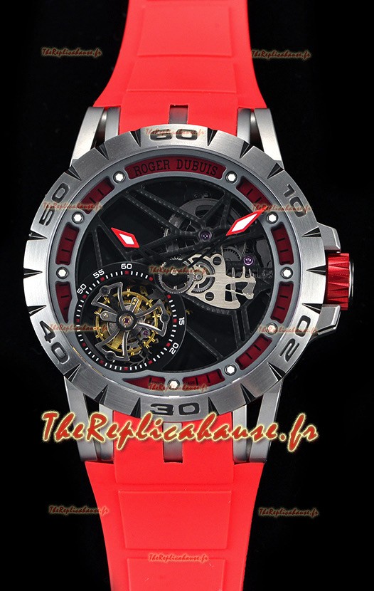 Roger Dubuis Excalibur Tourbillon volant araignée Squelette Boîtier en titane 1:1 Miroir Montre suisse