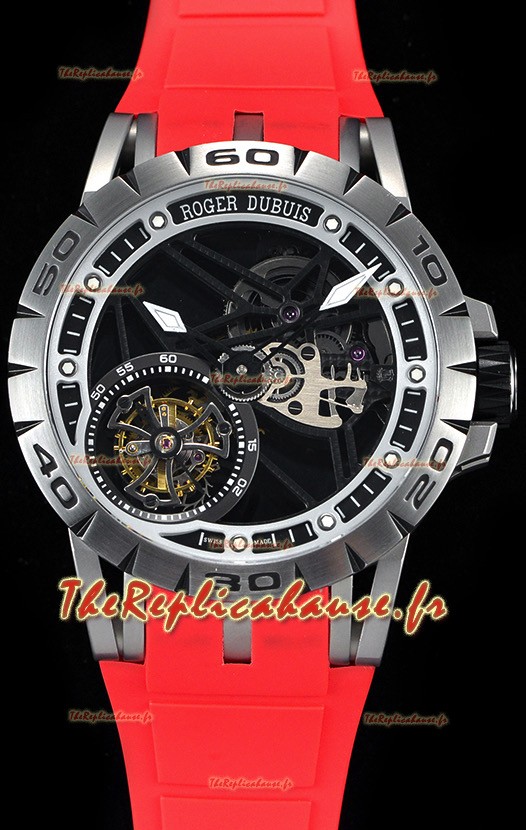 Roger Dubuis Excalibur Tourbillon volant araignée Squelette Boîtier en titane 1:1 Miroir Montre suisse