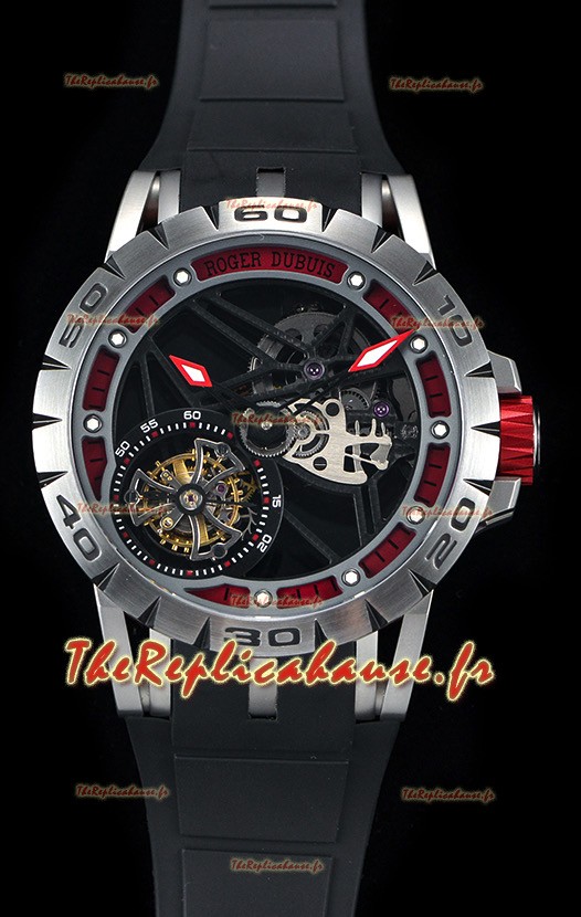Roger Dubuis Excalibur Tourbillon volant araignée Squelette Boîtier en titane 1:1 Miroir Montre suisse