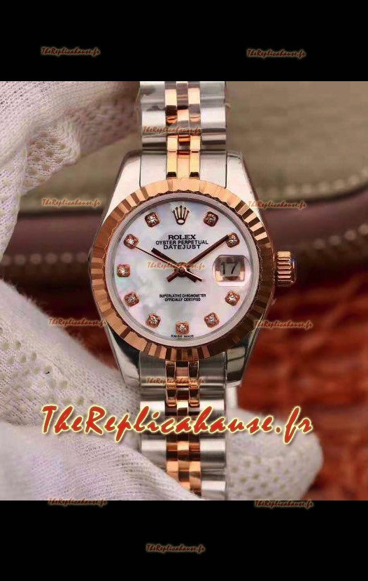 Montre Rolex Datejust Ladies 28MM Mouvement Cal.3135 Réplique Suisse dans un boîtier en acier 904L or rose 2 tons