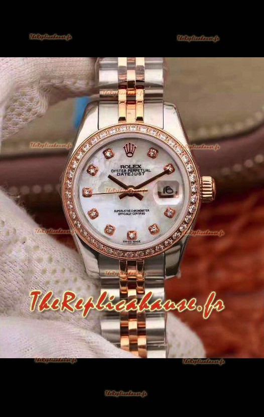 Montre Rolex Date just Ladies 28MM Mouvement Cal.3135 Réplique Suisse dans un boîtier en acier 904L or rose 2 tons