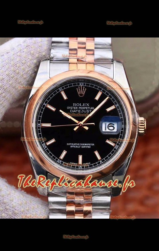 Montre Rolex Datejust 36MM Mouvement Cal.3135 Réplique Suisse en acier 904L bicolore Cadran noir