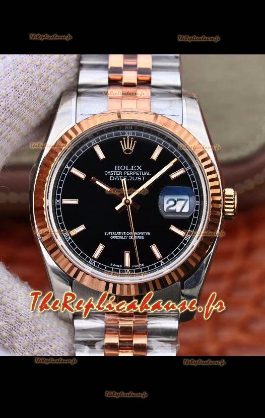 Montre Rolex Datejust 36MM Mouvement Cal.3135 Réplique Suisse en acier 904L bicolore Cadran noir