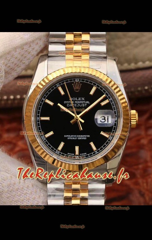 Montre Rolex Datejust 36MM Mouvement Cal.3135 Réplique Suisse en acier 904L bicolore Cadran noir