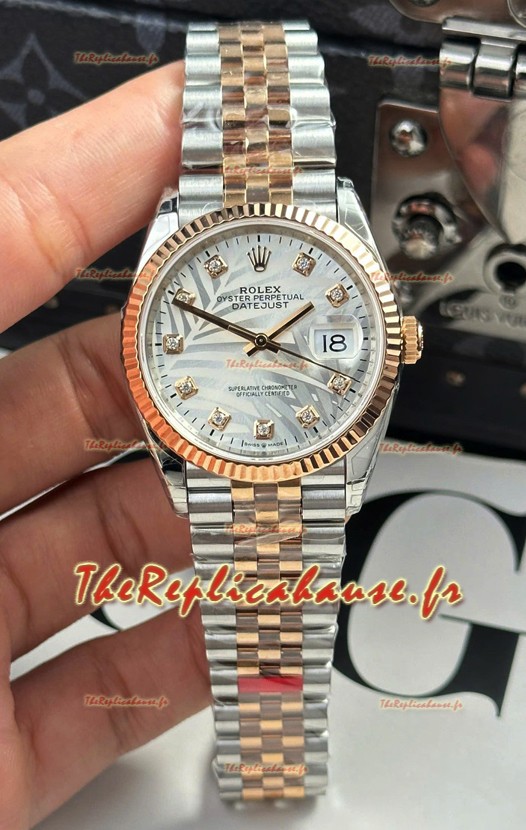 Rolex Datejust Cal.3235 Mouvement Super Clone Or rose 2 tons 36 mm - Cadran argenté à motif cannelé
