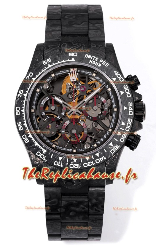 Rolex Daytona Blaken Black Carbon, réplique 1:1, cadran squelette, mouvement Cal. 4130, finition miroir suisse.