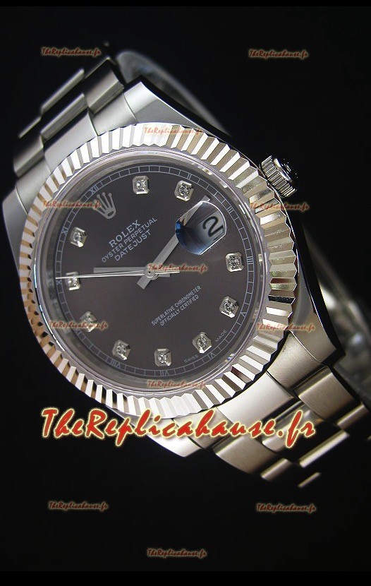 Rolex Datejust II 41MM avec Mouvement Cal.3136 Montre Réplique Suisse en cadran gris avec les marqueurs de diamants 