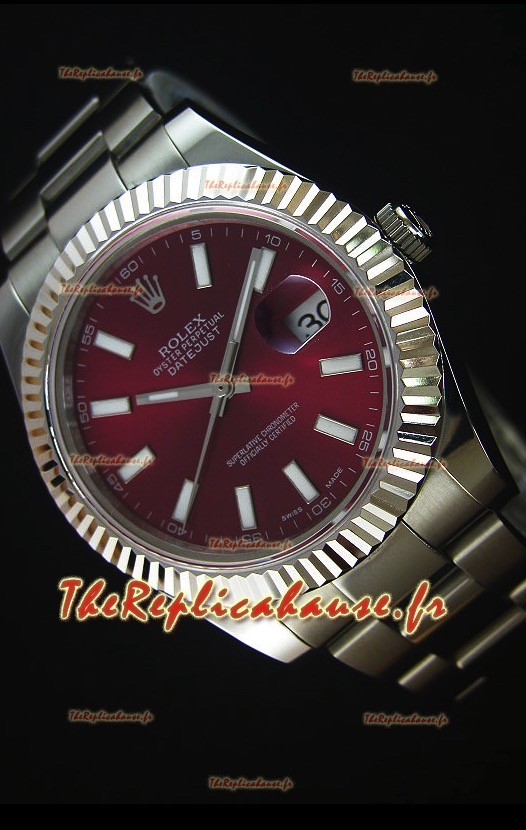 Rolex Datejust II 41MM avec Mouvement Cal.3136 Montre Réplique Suisse en Cadran Rouge foncé et Marqueurs de bâton