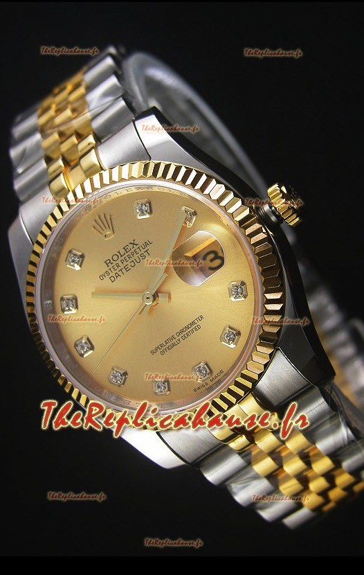 Rolex Datejust Montre Réplique avec Cadran en Or et de diamants 36MM avec Mouvement Suisse 3135