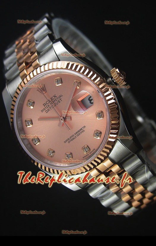 Rolex Datejust Montre Réplique avec Cadran en Or Rose et de diamants 36MM avec Mouvement Suisse 3135