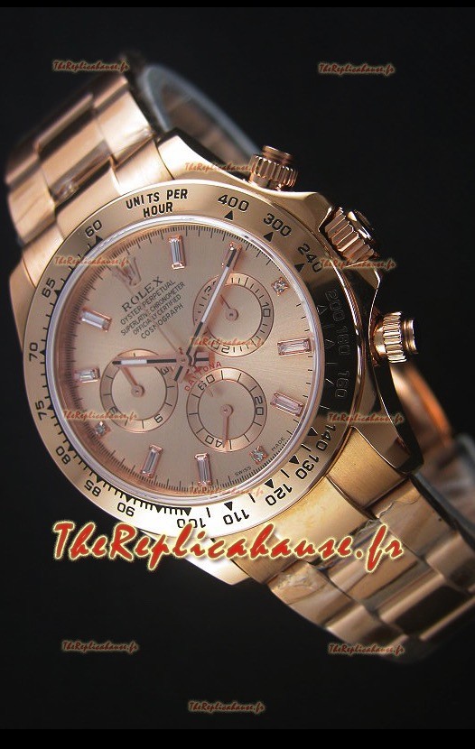 Rolex Daytona Montre Réplique Suisse en Boitier d'Or Rose avec marqueurs de baguette en diamants 