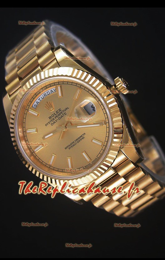 Rolex Day-Date 40MM Montre Réplique Cadran d'Or Marqueurs de bâton Mouvement Suisse Cal.3255 
