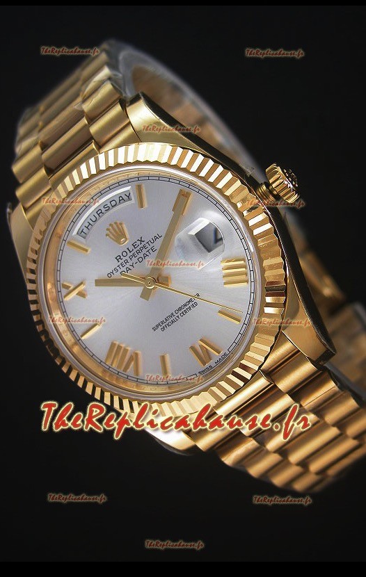 Rolex Day-Date 40MM Montre Réplique avec Cadran Argent et Chiffres des heures Romaines Mouvement Suisse Cal.3255 