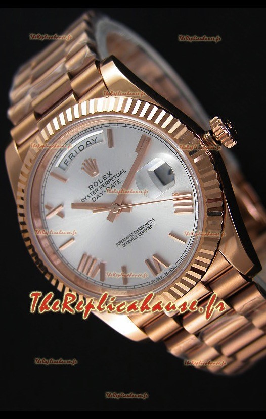 Rolex Day-Date 40MM Montre Suisse en Or Rose et Cadran Argent Chiffres romains