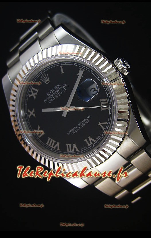 Réplique de montre Rolex Datejust Japanese - Cadran noir à index romains en 41MM avec bracelet huitre