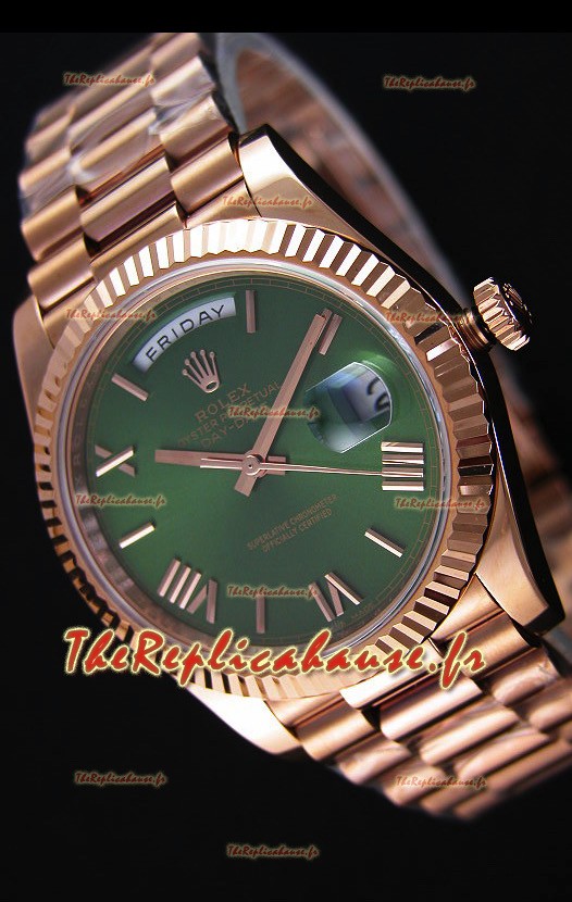 Réplique de montre Rolex Day Date Japonaise - Boîtier en or rose et cadran vert 40MM