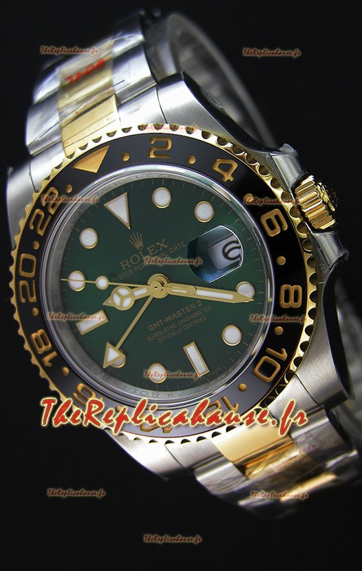 Réplique de montre japonaise Rolex GMT Masters avec boîtier bicolore or rose cadran vert