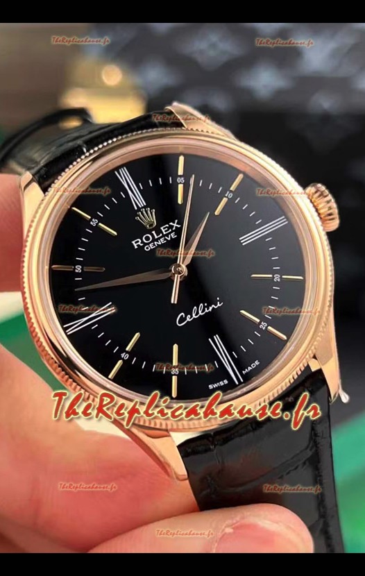 Rolex Cellini Date Ref#50505 Réplique montre 1:1 Or Rose Acier Cadran Noir 