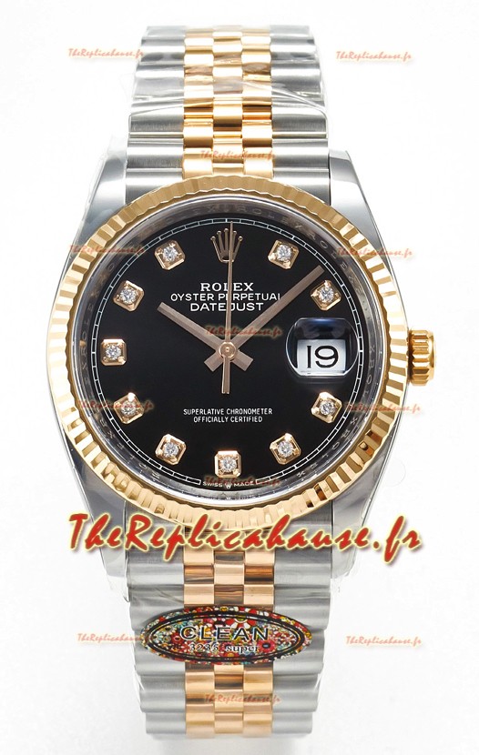 Rolex Super Clone Datejust ETA 3235 Mouvement 36MM Montre Or Rose bicolore Suisse Cadran Noir
