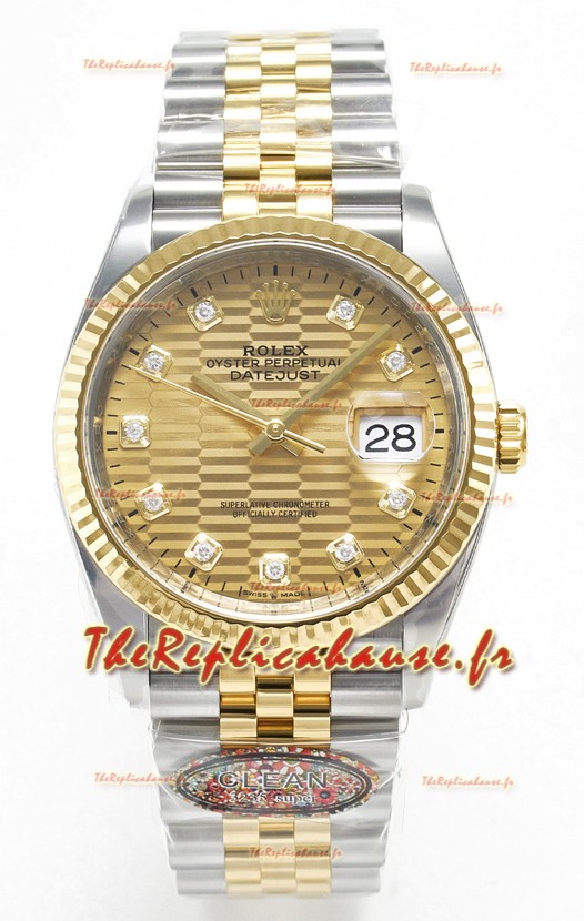 Rolex Super Clone Datejust ETA 3235 Mouvement 36MM Or Jaune bicolore Suisse Cadran cannelé